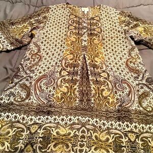 “Fig and Flower” XL High-Low Tunic. Beautiful cream, brown, and mustard colors!